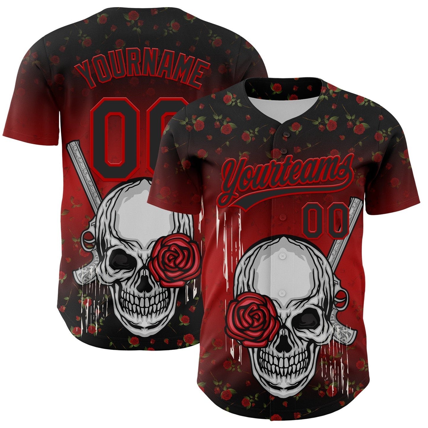 Custom Black Red 3D Pattern Design Gothic Style Skull With Rose And Gun Authentic Baseball Jersey baseball jersey product view 1