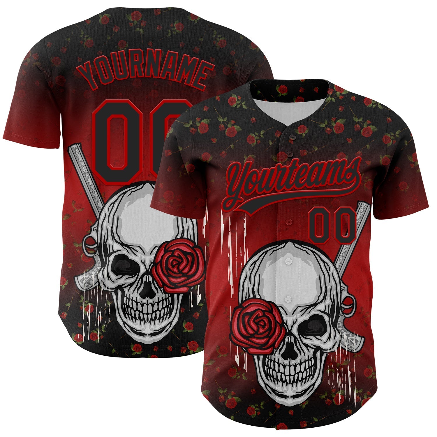 Custom Black Red 3D Pattern Design Gothic Style Skull With Rose And Gun Authentic Baseball Jersey baseball jersey product view 1