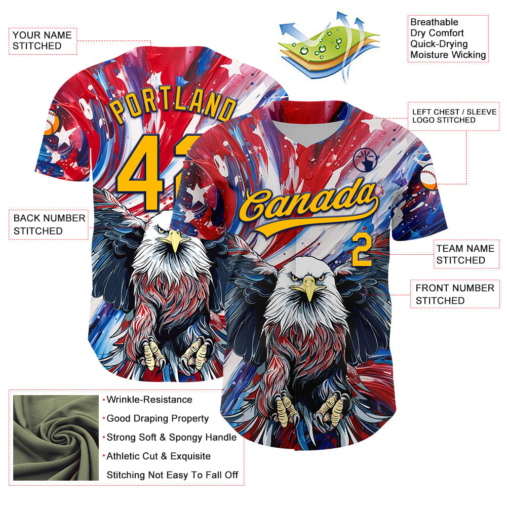 Custom Red Gold-Navy 3D American Flag Eagle And Star Authentic Baseball Jersey baseball jersey product view 3