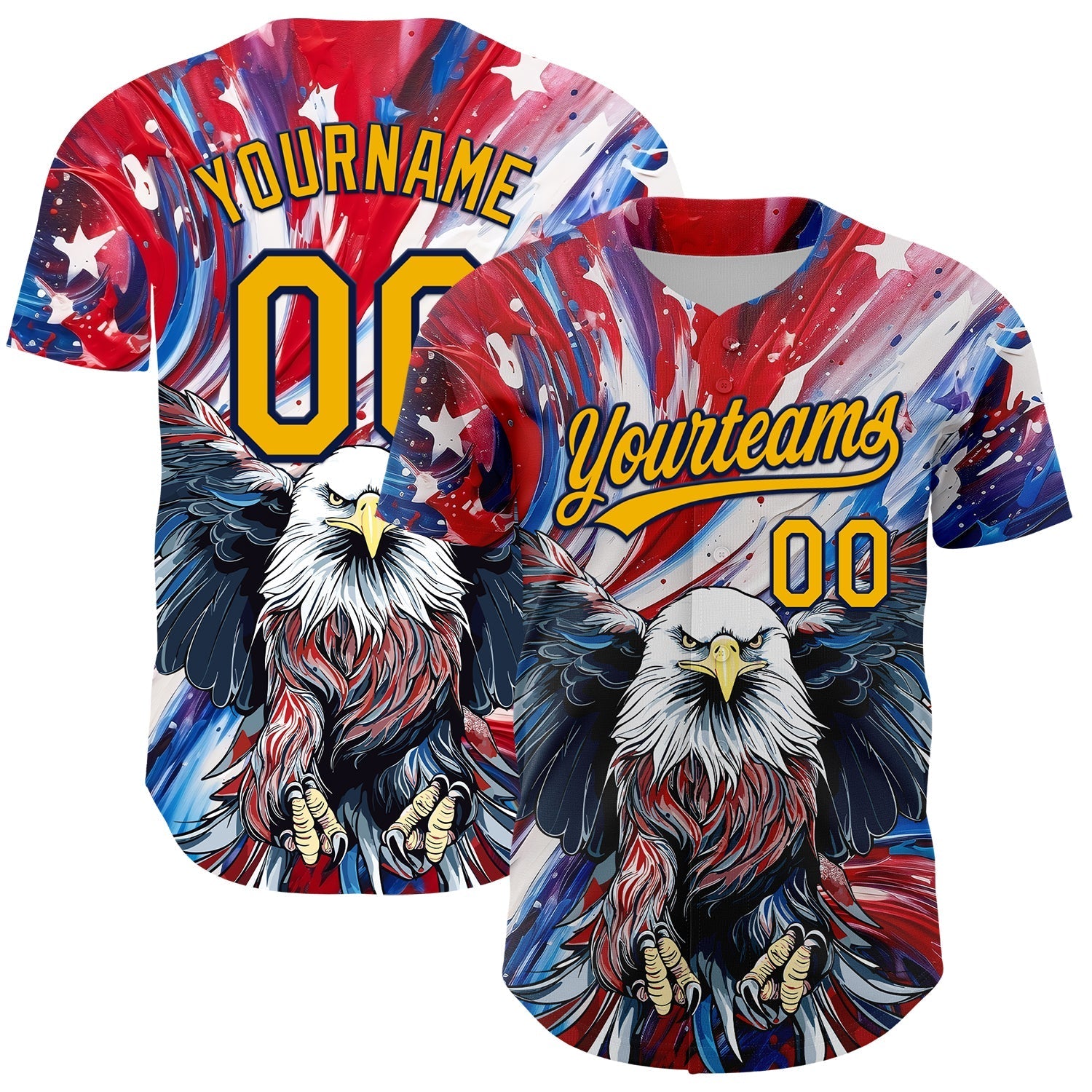 Custom Red Gold-Navy 3D American Flag Eagle And Star Authentic Baseball Jersey baseball jersey product view 1