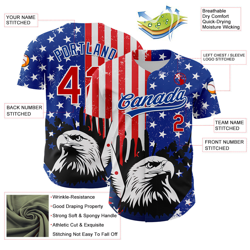 Custom White Red-Royal 3D American Flag Eagle And Star Authentic Baseball Jersey baseball jersey product view 3