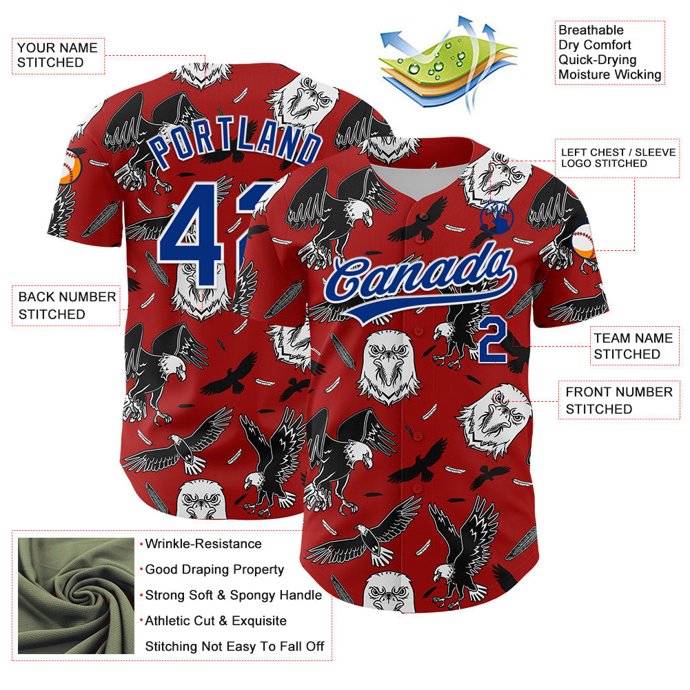 Custom Red Royal-White 3D Pattern Design American Eagle Authentic Baseball Jersey baseball jersey product view 3