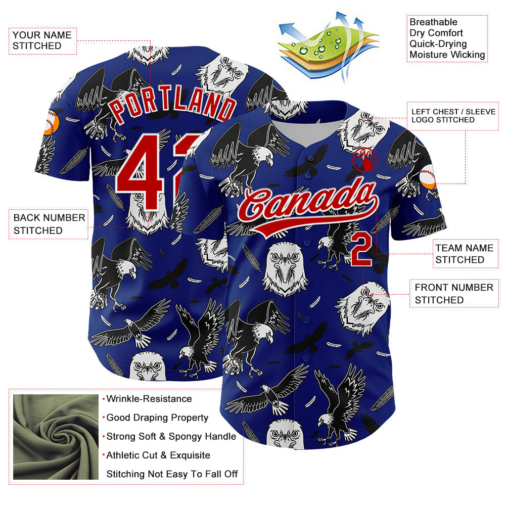 Custom Royal Red-White 3D Pattern Design American Eagle Authentic Baseball Jersey baseball jersey product view 3