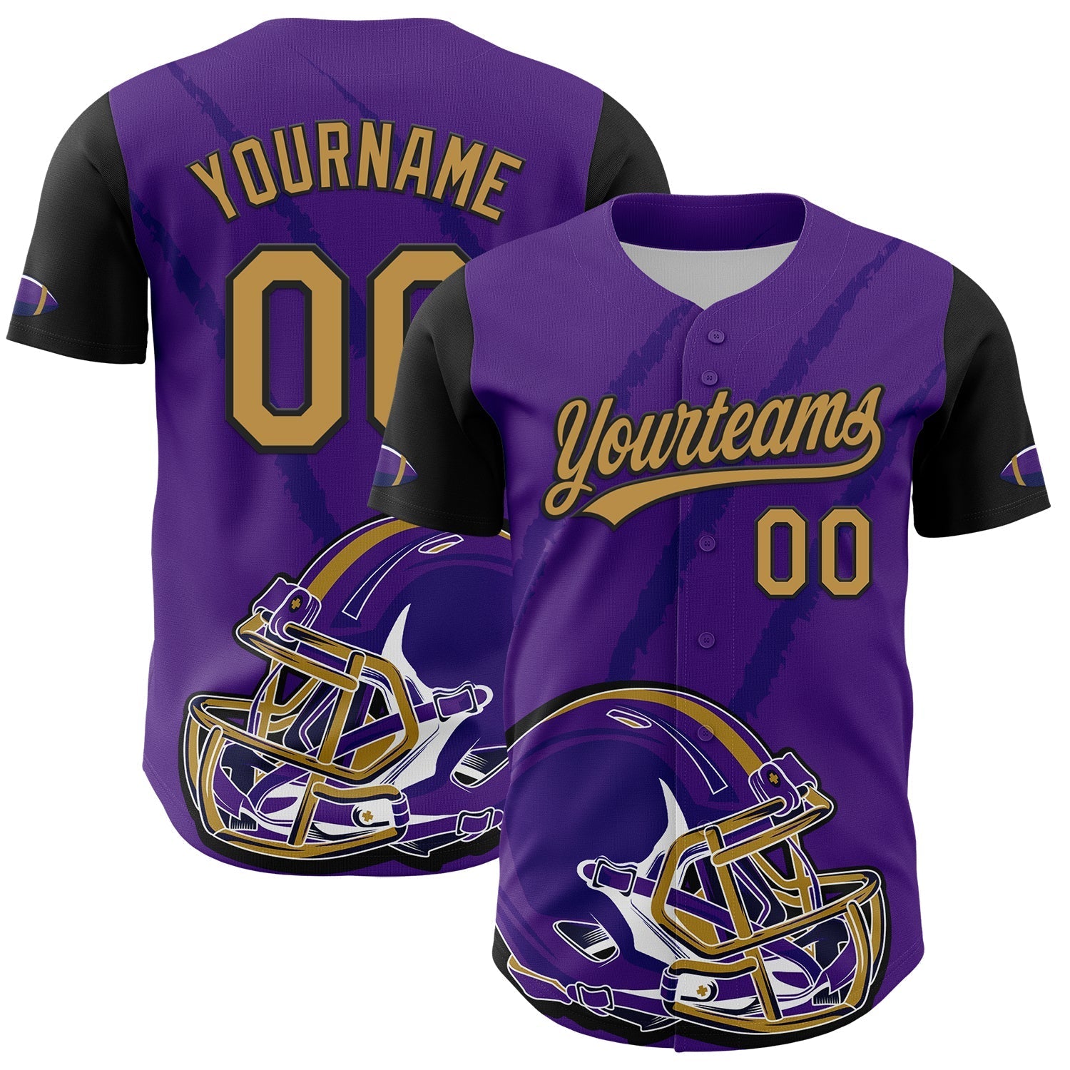 Custom Purple Old Gold-Black 3D Pattern Design Football Helmet And Animal Claw Authentic Baseball Jersey football jersey product view 1