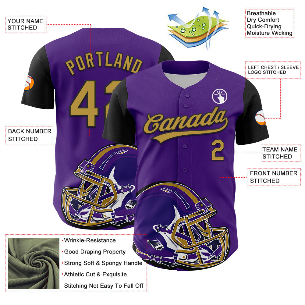 Custom Purple Old Gold-Black 3D Pattern Design Football Helmet Authentic Baseball Jersey football jersey product view 3