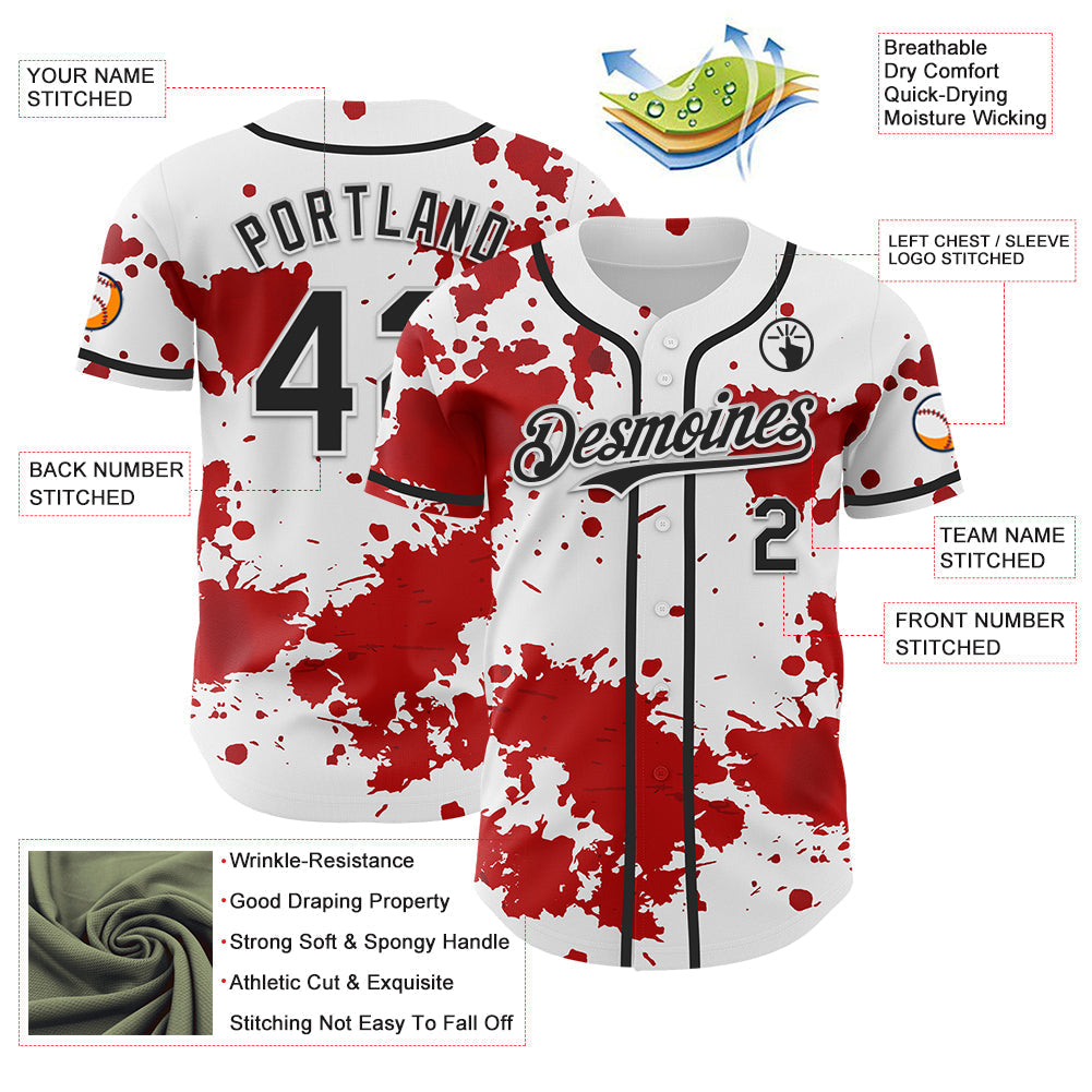 Custom White Black-Red 3D Pattern Design Rave Splash Authentic Baseball Jersey baseball jersey product view 3