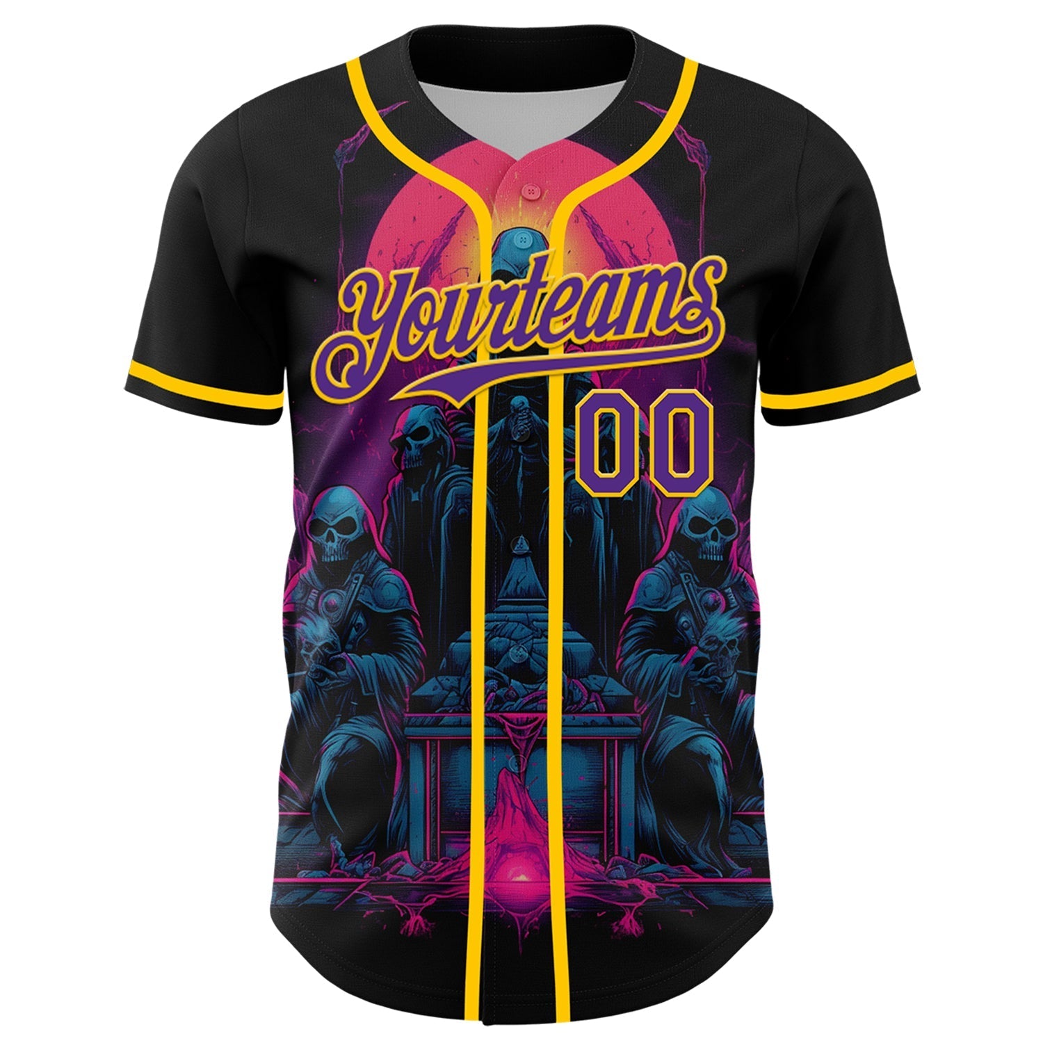 Custom Black Purple-Yellow 3D Pattern Design Rave Skull Authentic Baseball Jersey baseball jersey product view 2