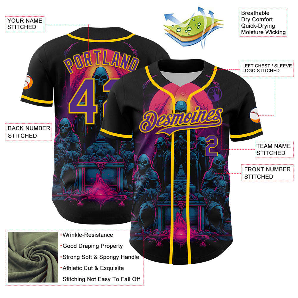 Custom Black Purple-Yellow 3D Pattern Design Rave Skull Authentic Baseball Jersey baseball jersey product view 3