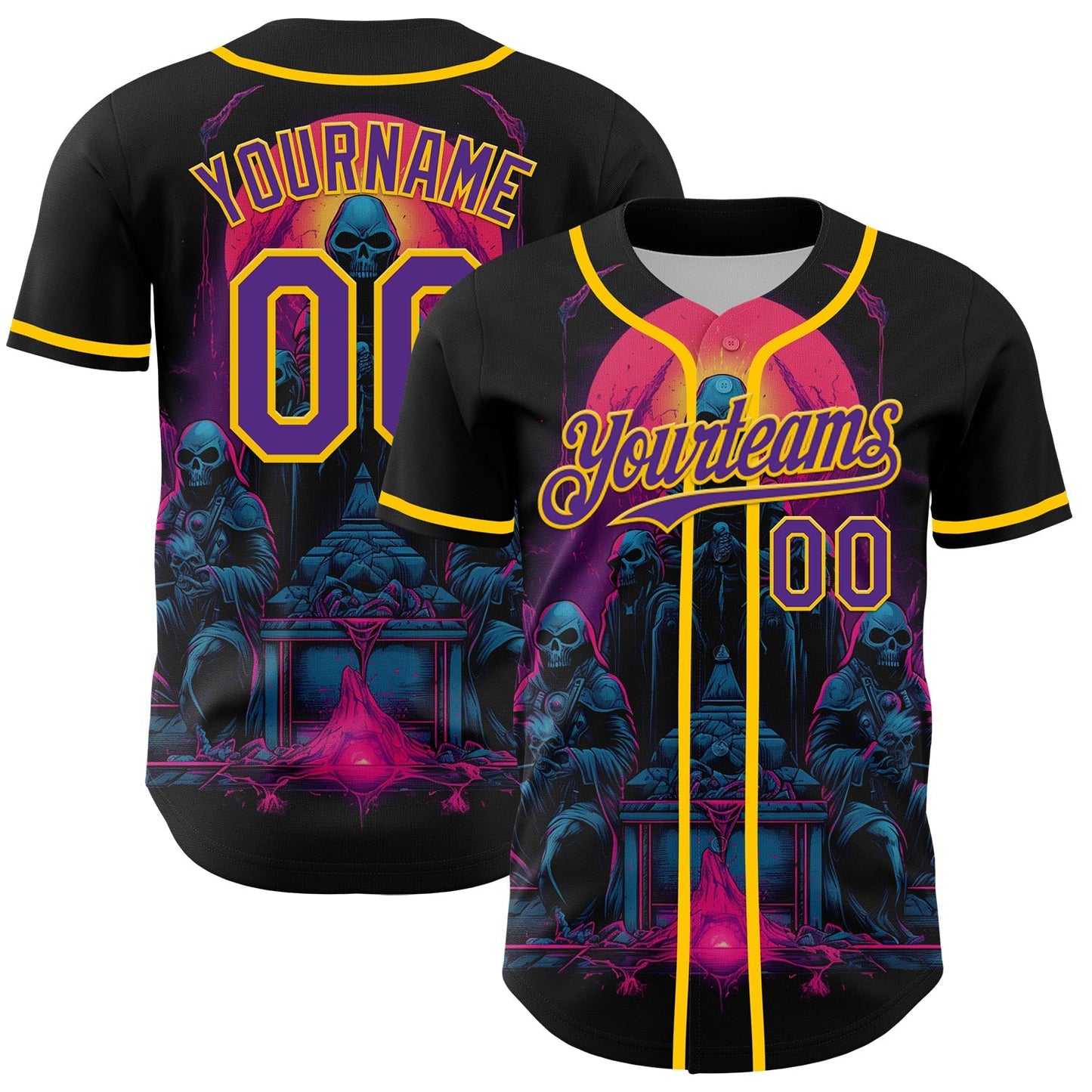 Custom Black Purple-Yellow 3D Pattern Design Rave Skull Authentic Baseball Jersey baseball jersey product view 1