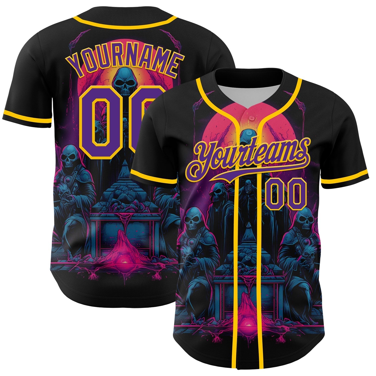 Custom Black Purple-Yellow 3D Pattern Design Rave Skull Authentic Baseball Jersey baseball jersey product view 1