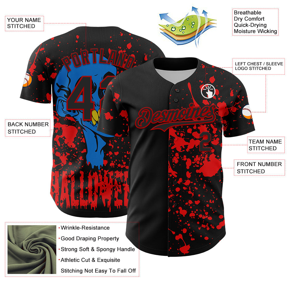 Custom Black Red 3D Pattern Design Rave Halloween Skull Authentic Baseball Jersey baseball jersey product view 3