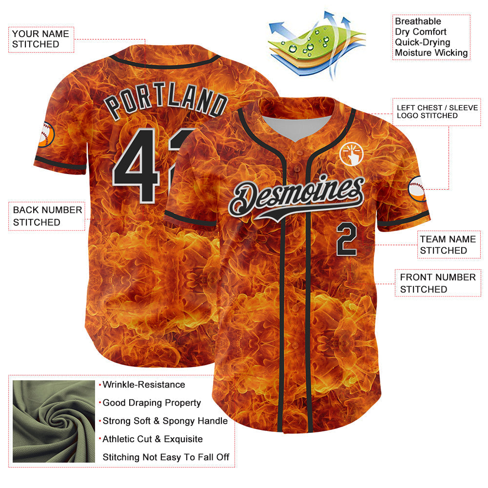 Custom Orange Black-White 3D Pattern Design Rave Flame Authentic Baseball Jersey baseball jersey product view 3
