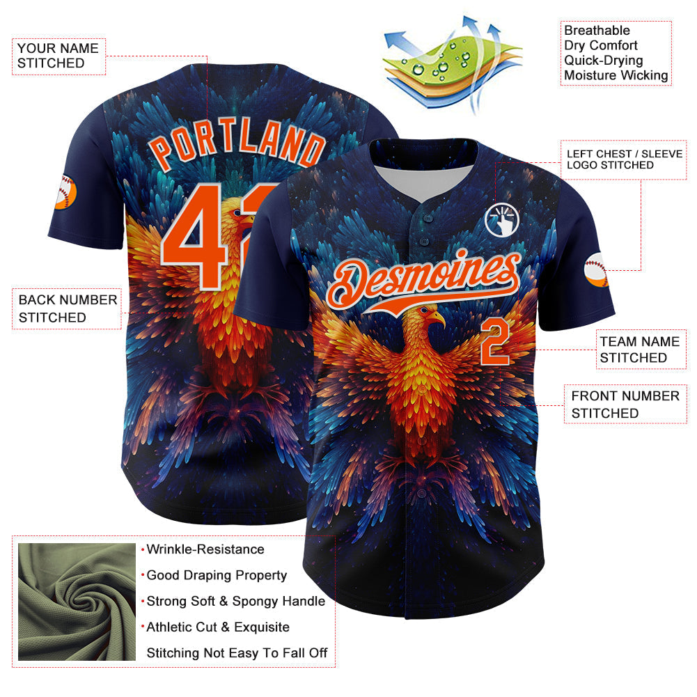 Custom Navy Orange-White 3D Pattern Design Rave Phoenix Authentic Baseball Jersey baseball jersey product view 3