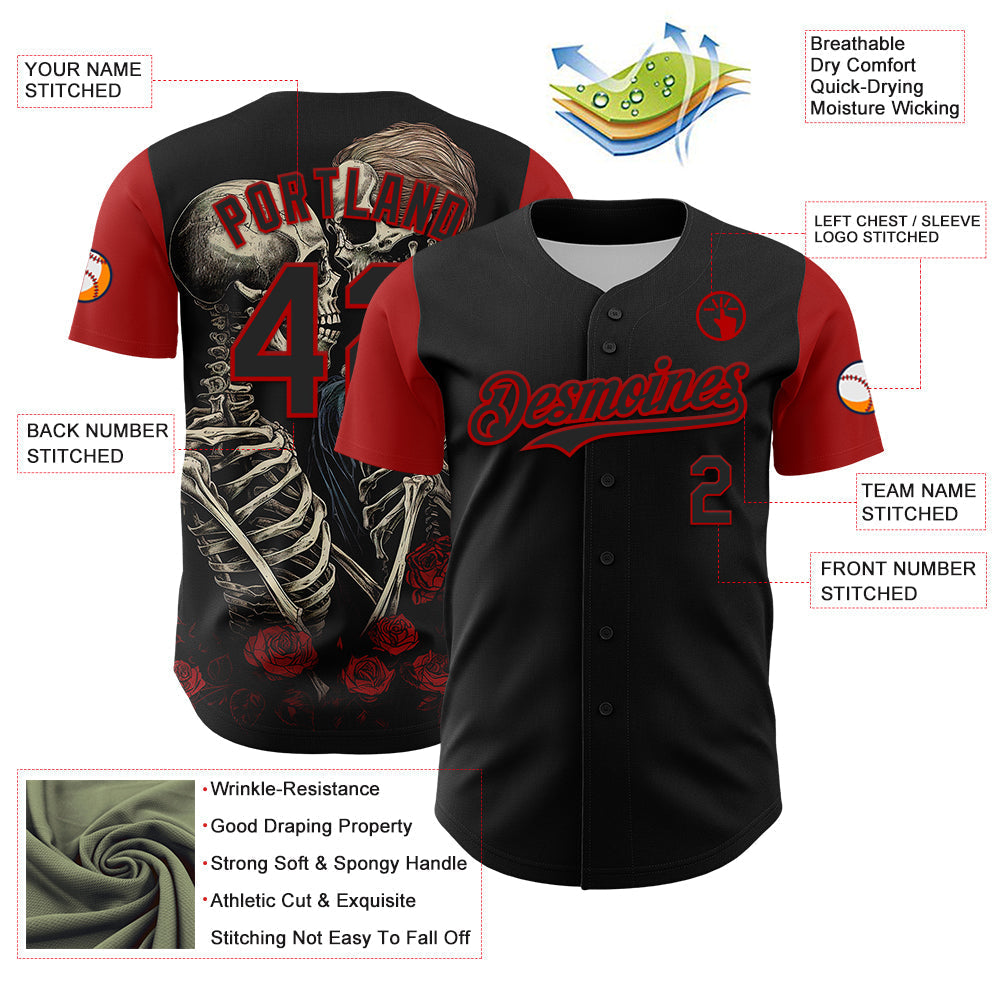 Custom Black Red 3D Pattern Design Rave Gothic Style Authentic Baseball Jersey baseball jersey product view 3