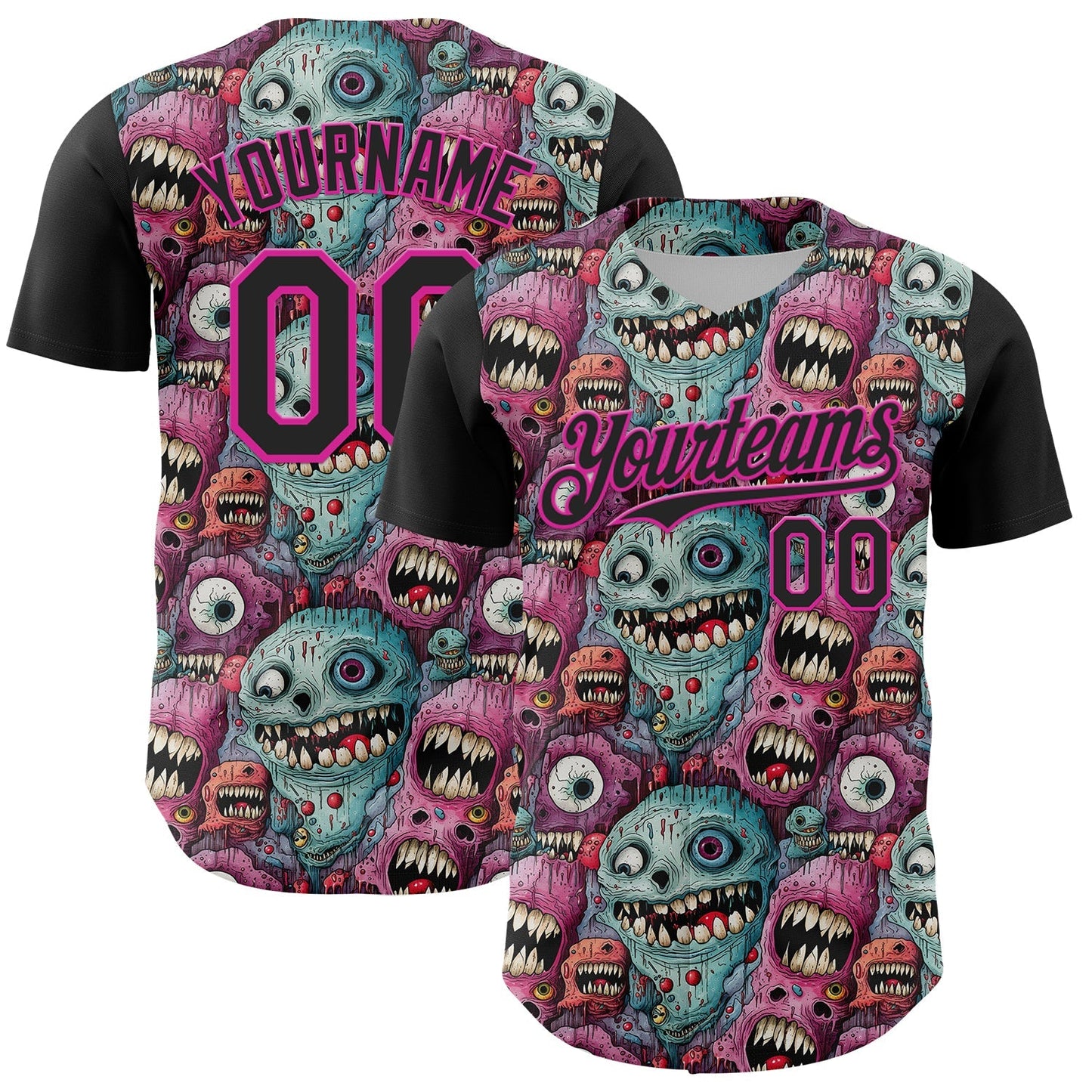 Custom Black Deep Pink 3D Pattern Design Rave Monster Authentic Baseball Jersey baseball jersey product view 1