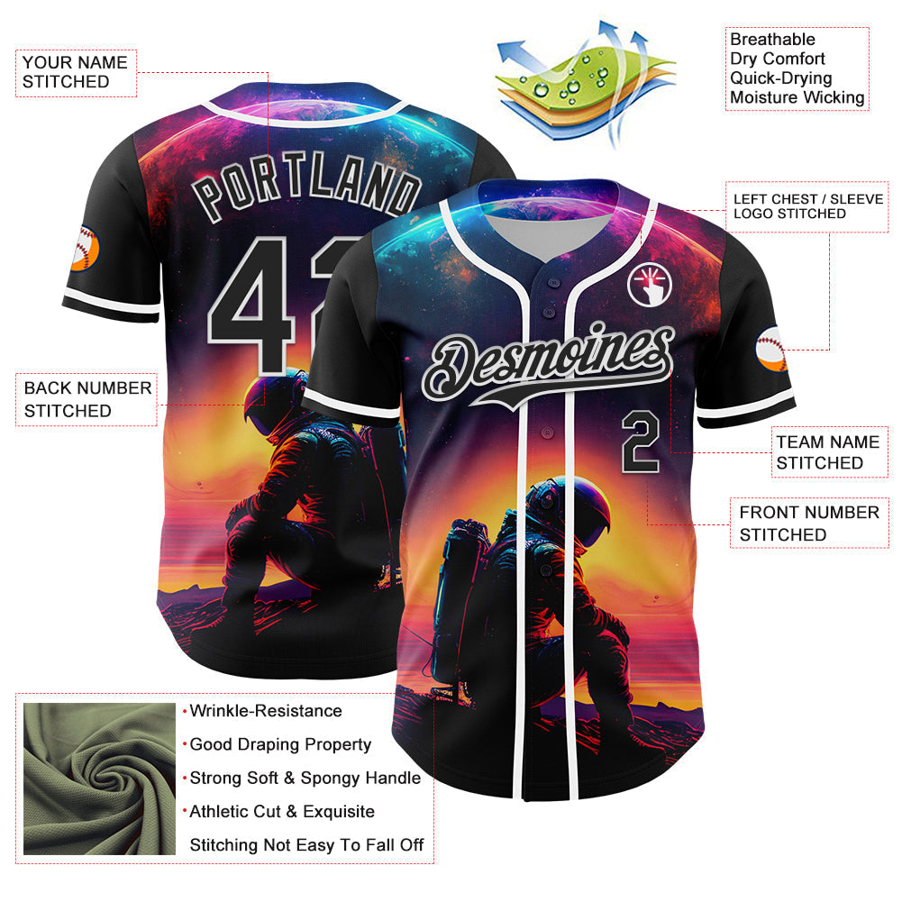 Custom Black White 3D Pattern Design Rave Astronaut Authentic Baseball Jersey baseball jersey product view 3