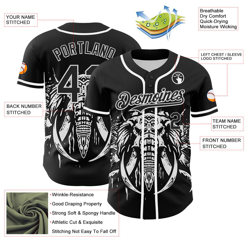 Custom Black White 3D Pattern Design Rave Mastodons Head Authentic Baseball Jersey baseball jersey product view 3