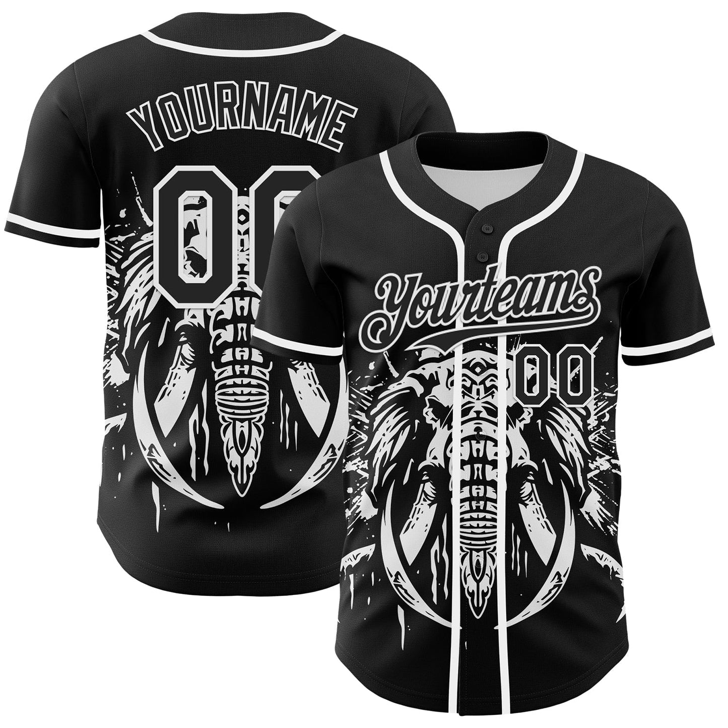Custom Black White 3D Pattern Design Rave Mastodons Head Authentic Baseball Jersey baseball jersey product view 1