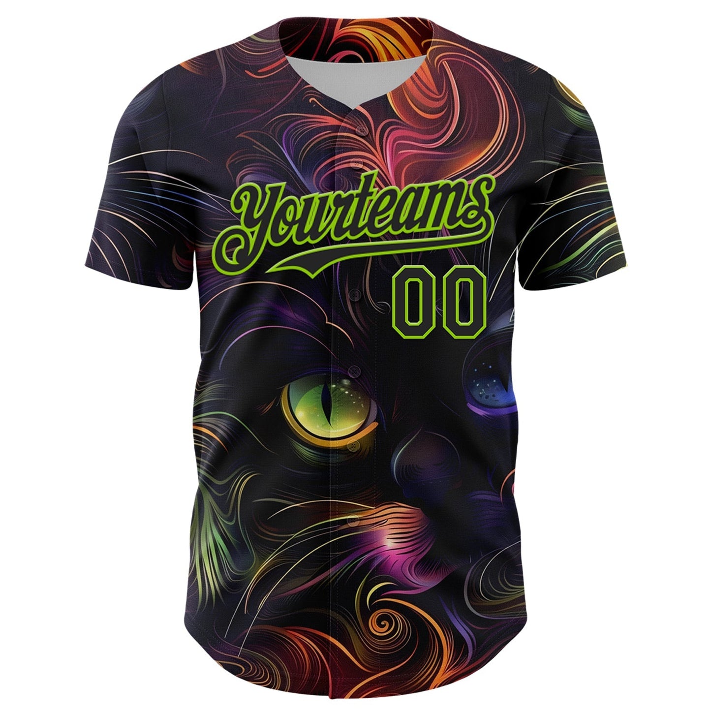 Custom Black Neon Green 3D Pattern Design Rave Animal Cat Authentic Baseball Jersey baseball jersey product view 2