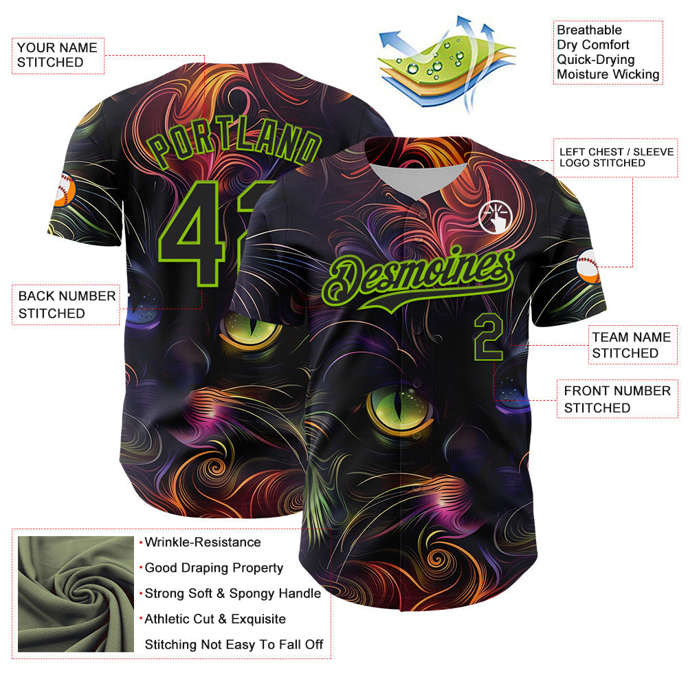 Custom Black Neon Green 3D Pattern Design Rave Animal Cat Authentic Baseball Jersey baseball jersey product view 3