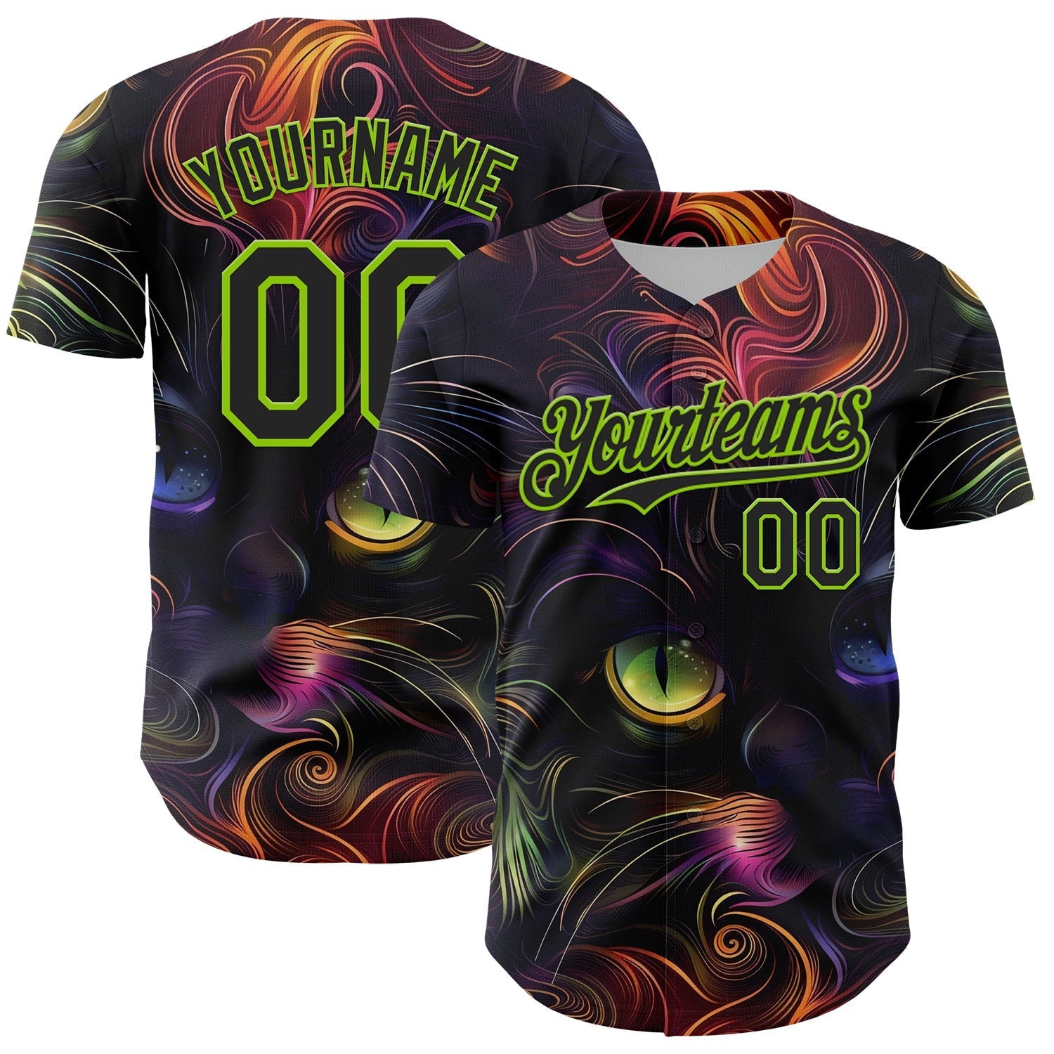 Custom Black Neon Green 3D Pattern Design Rave Animal Cat Authentic Baseball Jersey baseball jersey product view 1