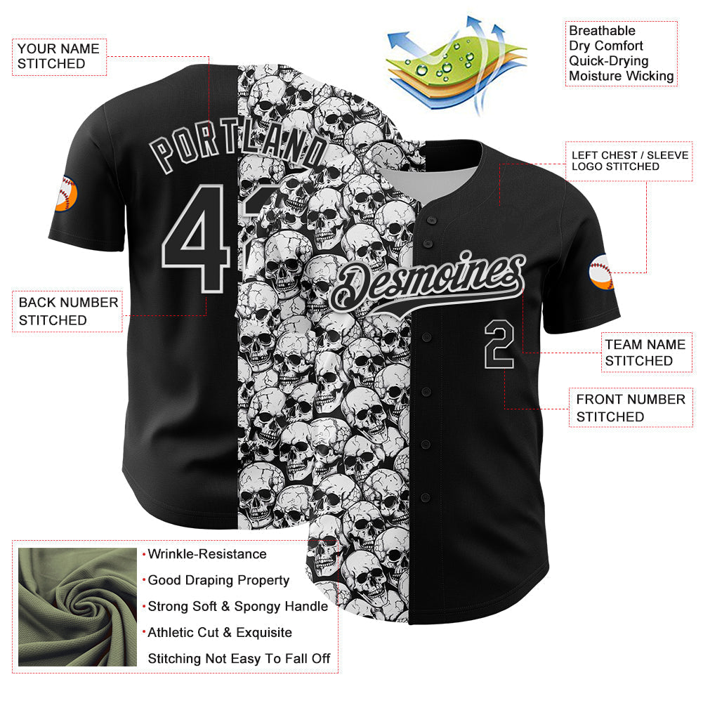 Custom Black White 3D Pattern Design Rave Skull Authentic Baseball Jersey baseball jersey product view 3