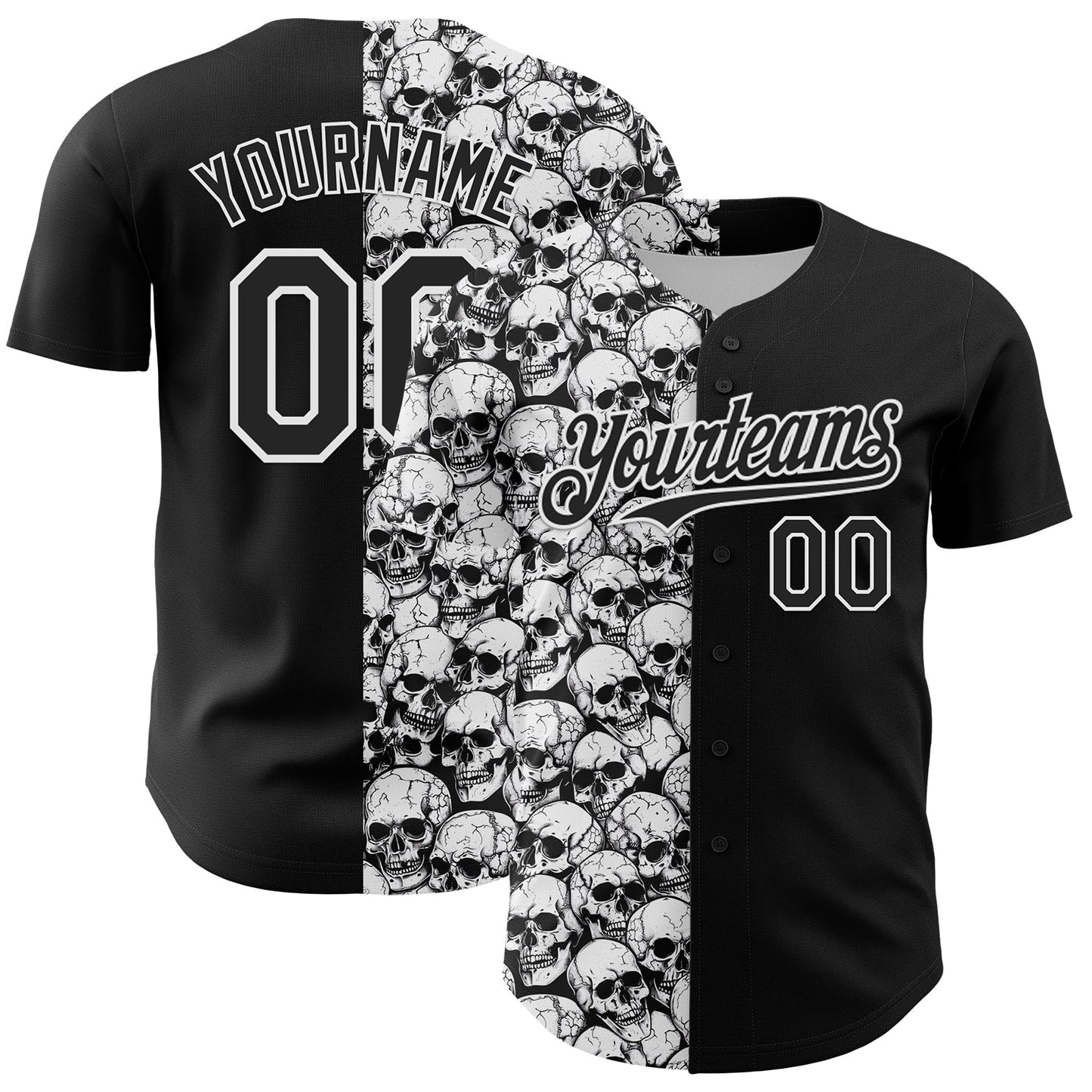Custom Black White 3D Pattern Design Rave Skull Authentic Baseball Jersey baseball jersey product view 1