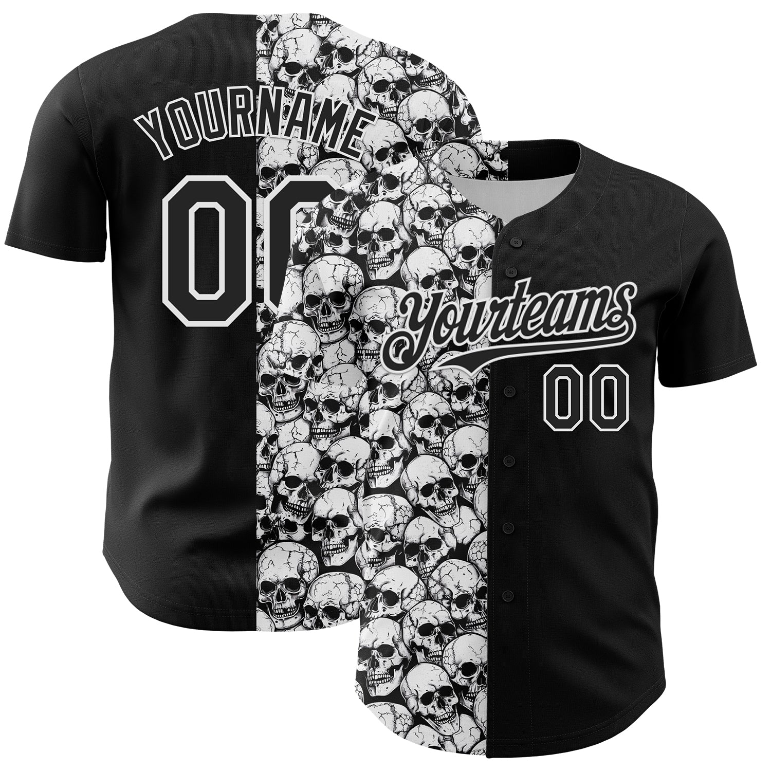 Custom Black White 3D Pattern Design Rave Skull Authentic Baseball Jersey baseball jersey product view 1