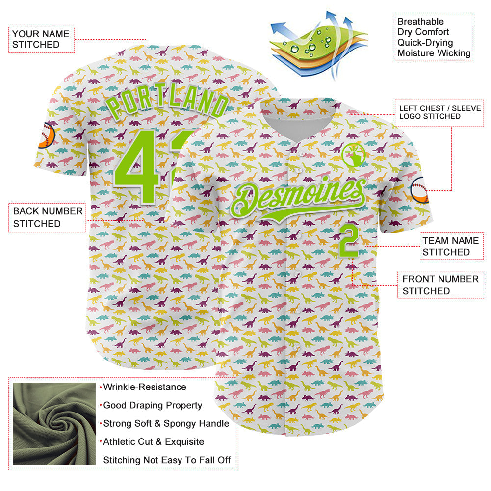 Custom White Neon Green 3D Pattern Design Animal Dinosaur Authentic Baseball Jersey baseball jersey product view 3