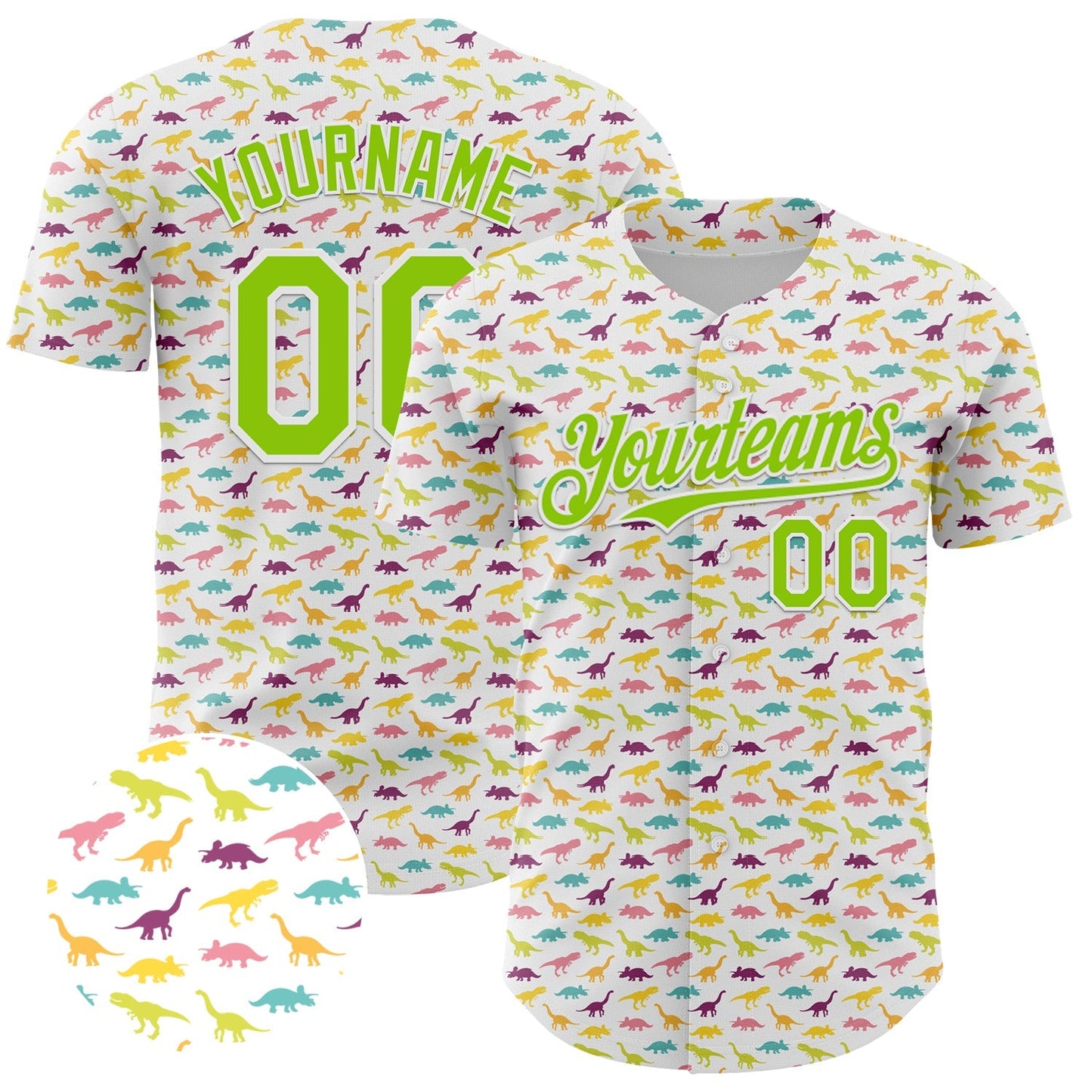 Custom White Neon Green 3D Pattern Design Animal Dinosaur Authentic Baseball Jersey baseball jersey product view 1