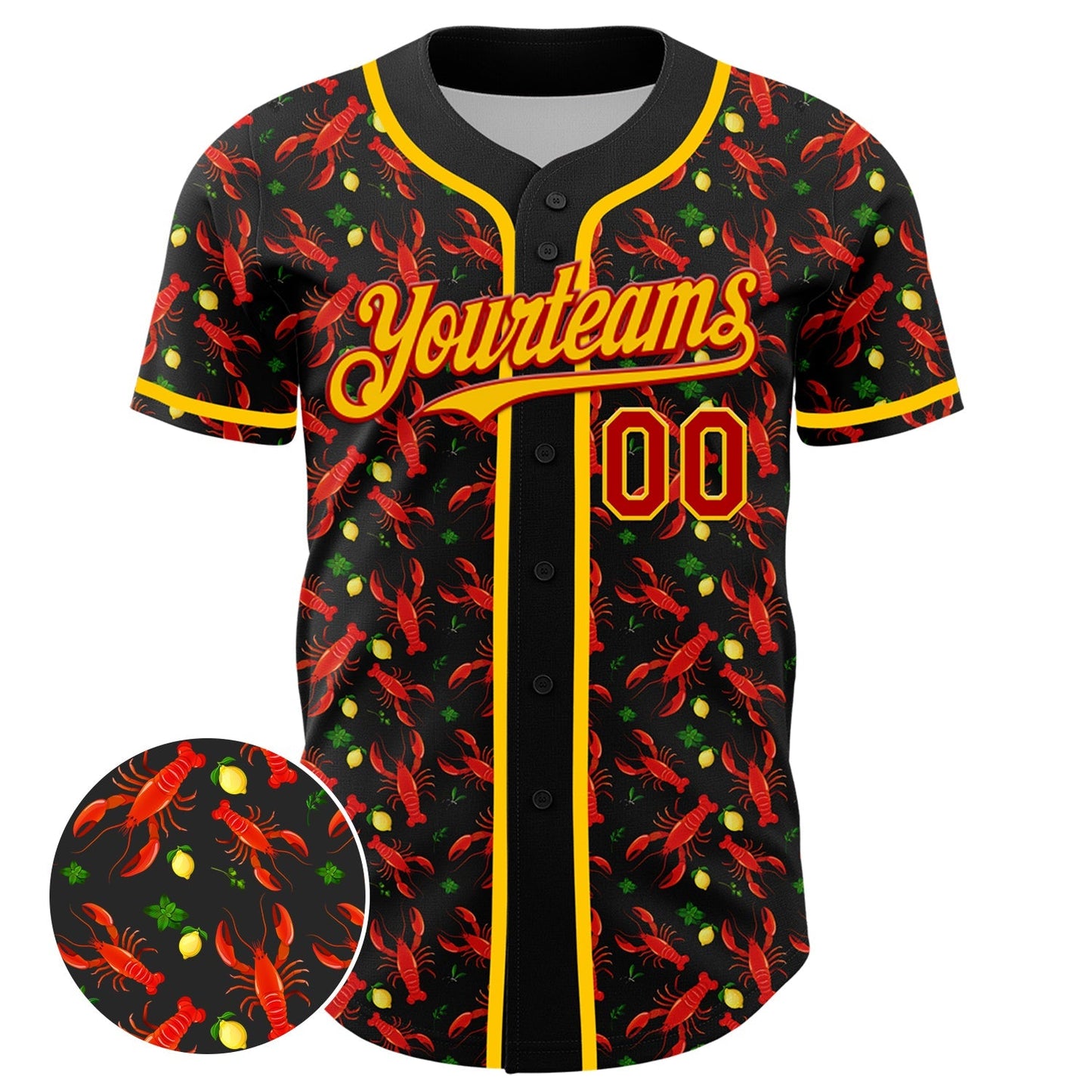 Custom Black Red-Yellow 3D Pattern Design Animal Lobster Fruit Lemon Authentic Baseball Jersey baseball jersey product view 2