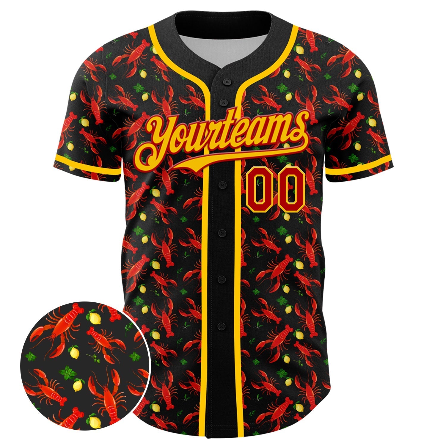 Custom Black Red-Yellow 3D Pattern Design Animal Lobster Fruit Lemon Authentic Baseball Jersey baseball jersey product view 2