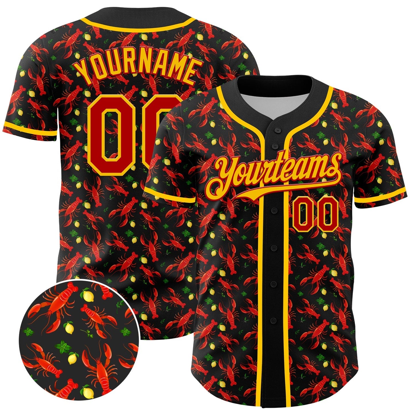 Custom Black Red-Yellow 3D Pattern Design Animal Lobster Fruit Lemon Authentic Baseball Jersey baseball jersey product view 1