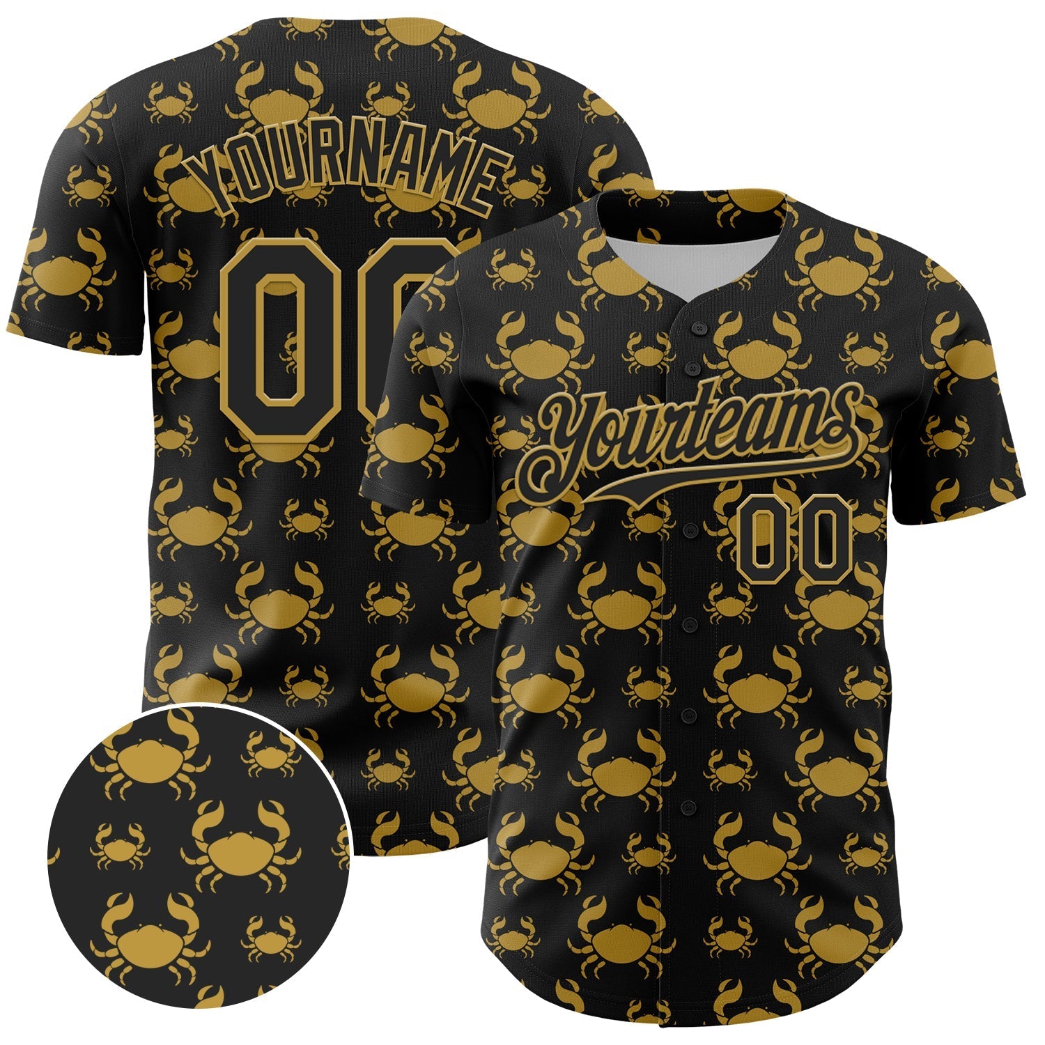 Custom Black Old Gold 3D Pattern Design Animal Crab Fruit Lemon Authentic Baseball Jersey baseball jersey product view 1