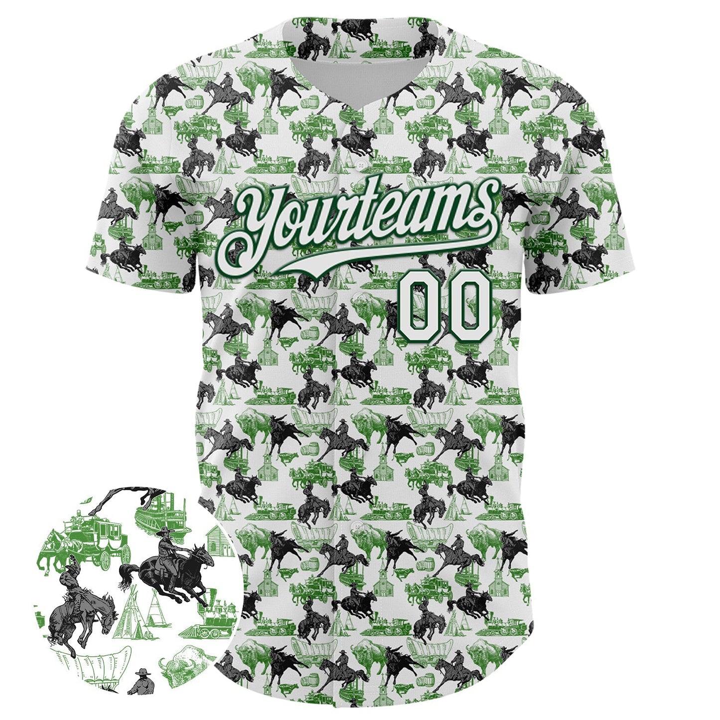 Custom White Green 3D Pattern Design Rodeo Cowboy Authentic Baseball Jersey baseball jersey product view 2