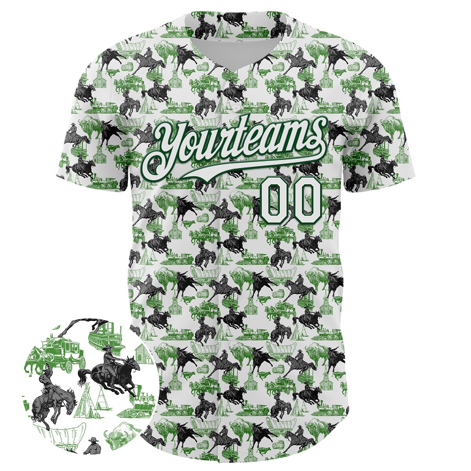 Custom White Green 3D Pattern Design Rodeo Cowboy Authentic Baseball Jersey baseball jersey product view 2