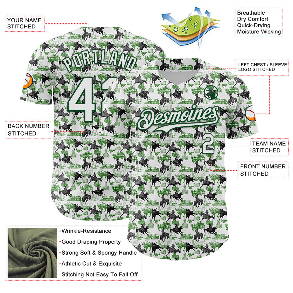 Custom White Green 3D Pattern Design Rodeo Cowboy Authentic Baseball Jersey baseball jersey product view 3
