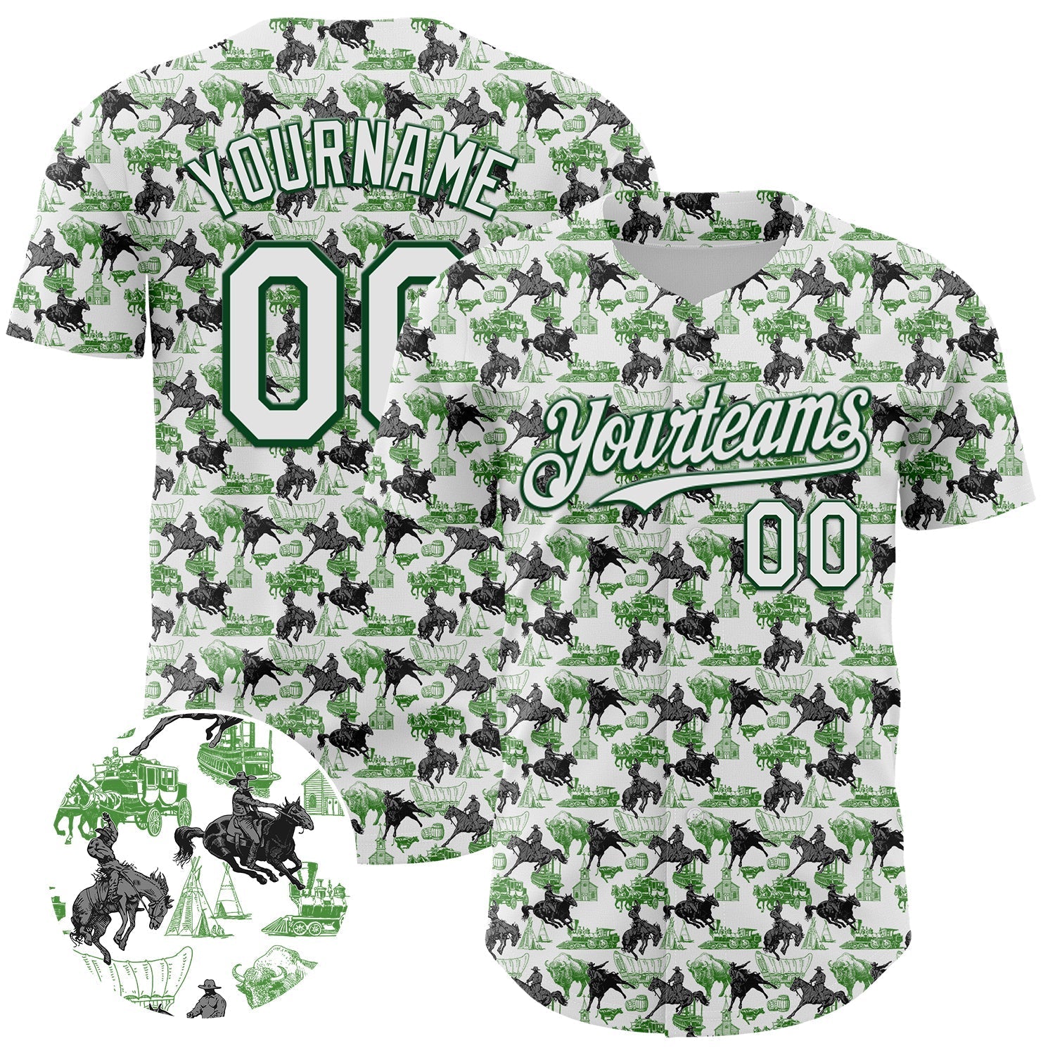 Custom White Green 3D Pattern Design Rodeo Cowboy Authentic Baseball Jersey baseball jersey product view 1