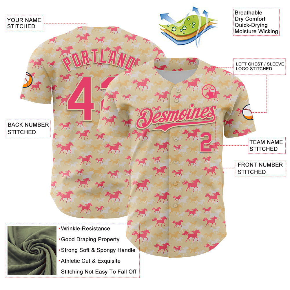 Custom Cream Neon Pink 3D Pattern Design Animal Horse Authentic Baseball Jersey baseball jersey product view 3
