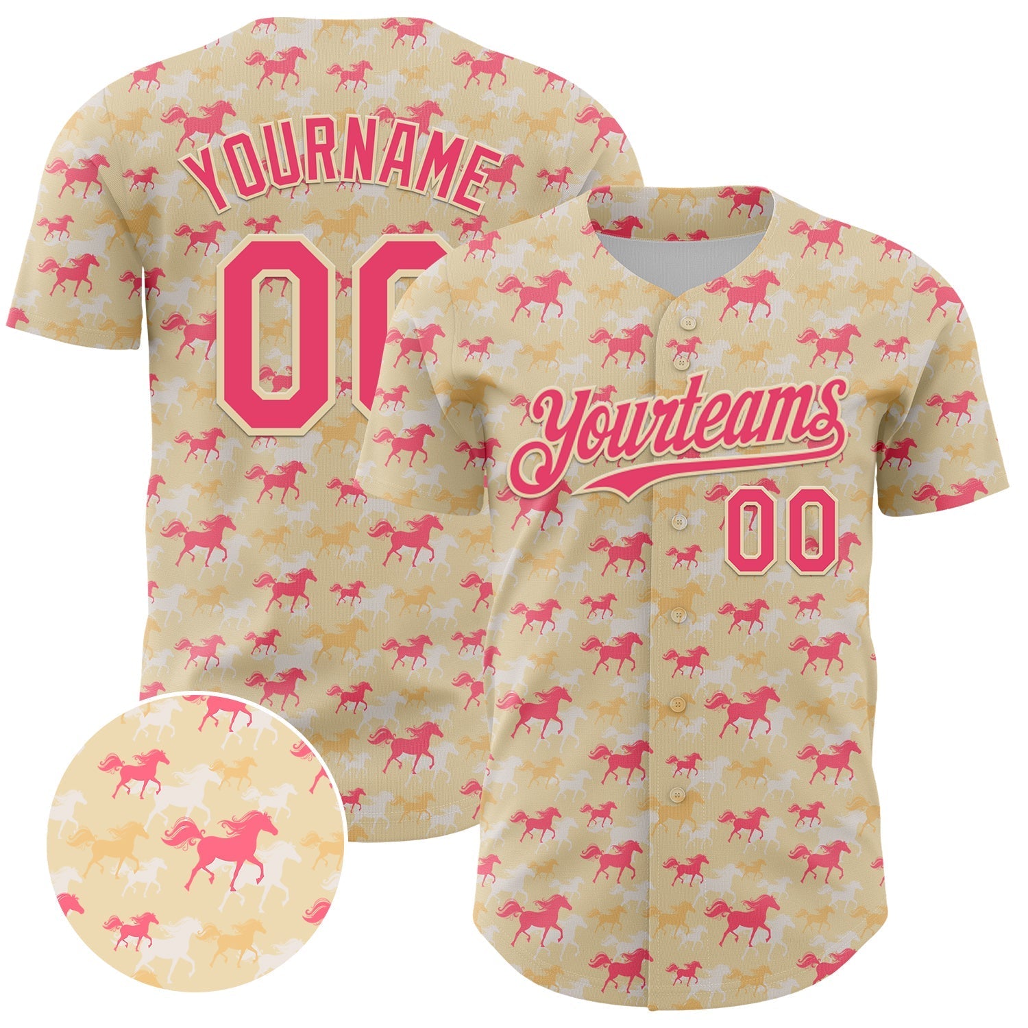 Custom Cream Neon Pink 3D Pattern Design Animal Horse Authentic Baseball Jersey baseball jersey product view 1