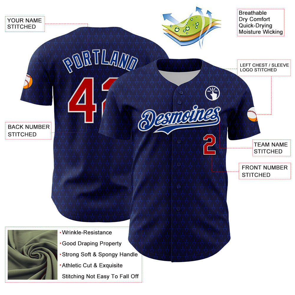 Custom Navy Red-Royal 3D Pattern Design Hearts Authentic Baseball Jersey baseball jersey product view 3