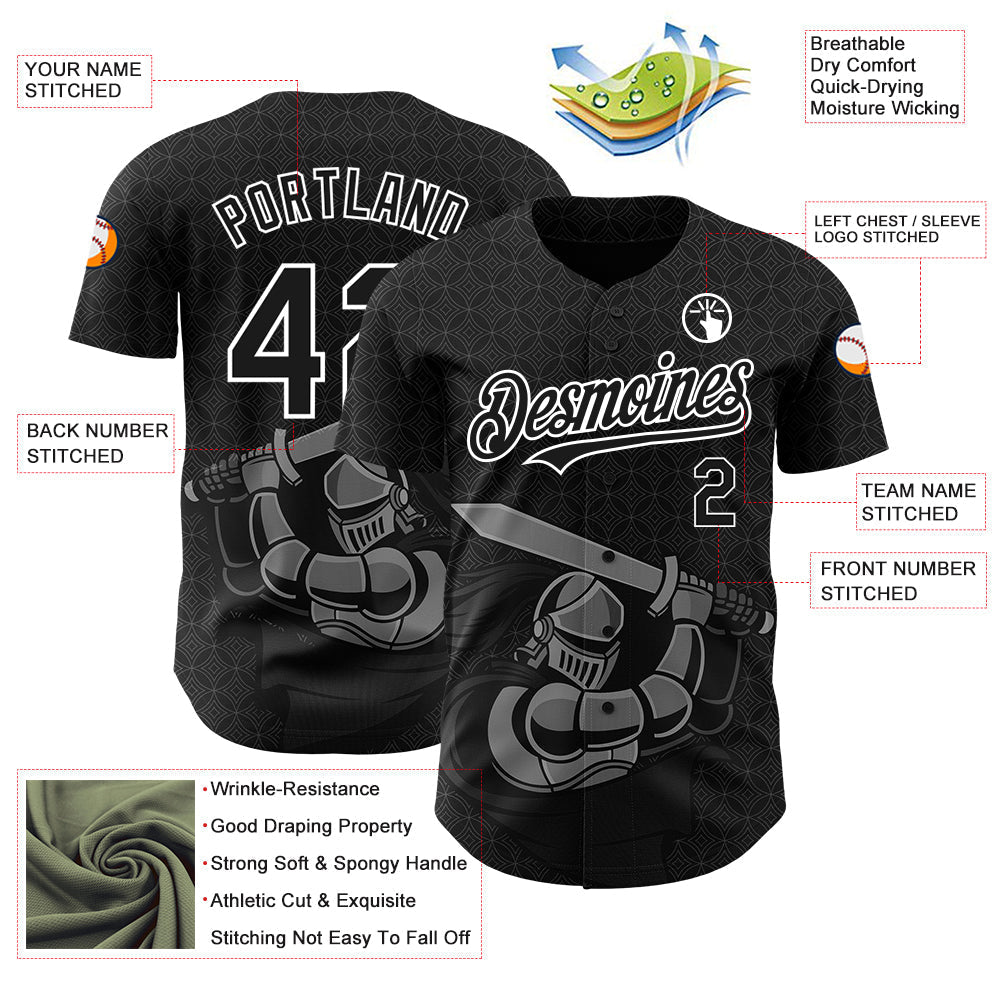 Custom Black White 3D Pattern Design Knight Hero Art Authentic Baseball Jersey baseball jersey product view 3
