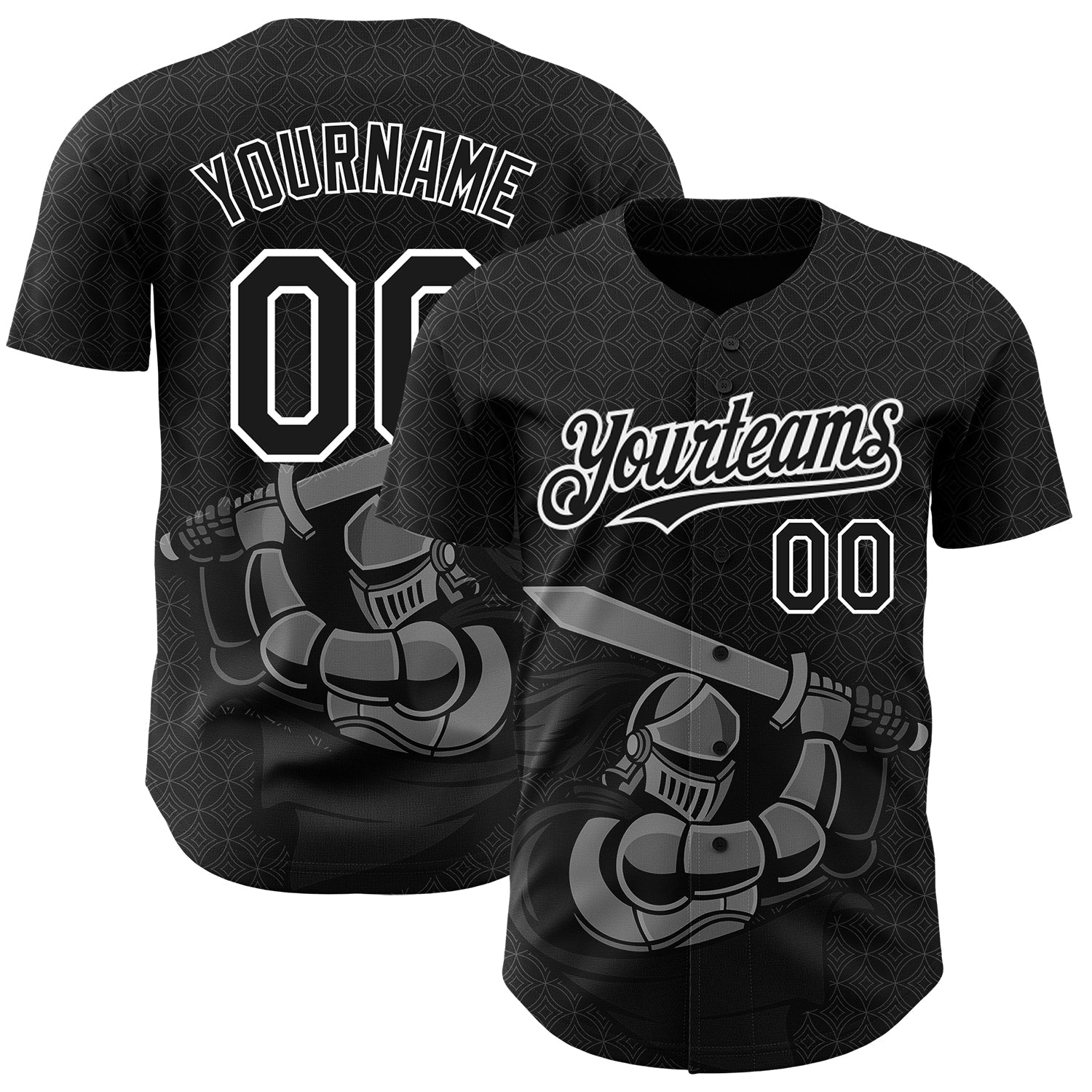 Custom Black White 3D Pattern Design Knight Hero Art Authentic Baseball Jersey baseball jersey product view 1