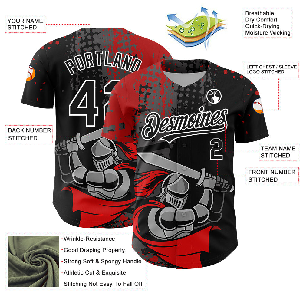 Custom Black Red-White 3D Pattern Design Knight Hero Art Authentic Baseball Jersey baseball jersey product view 3