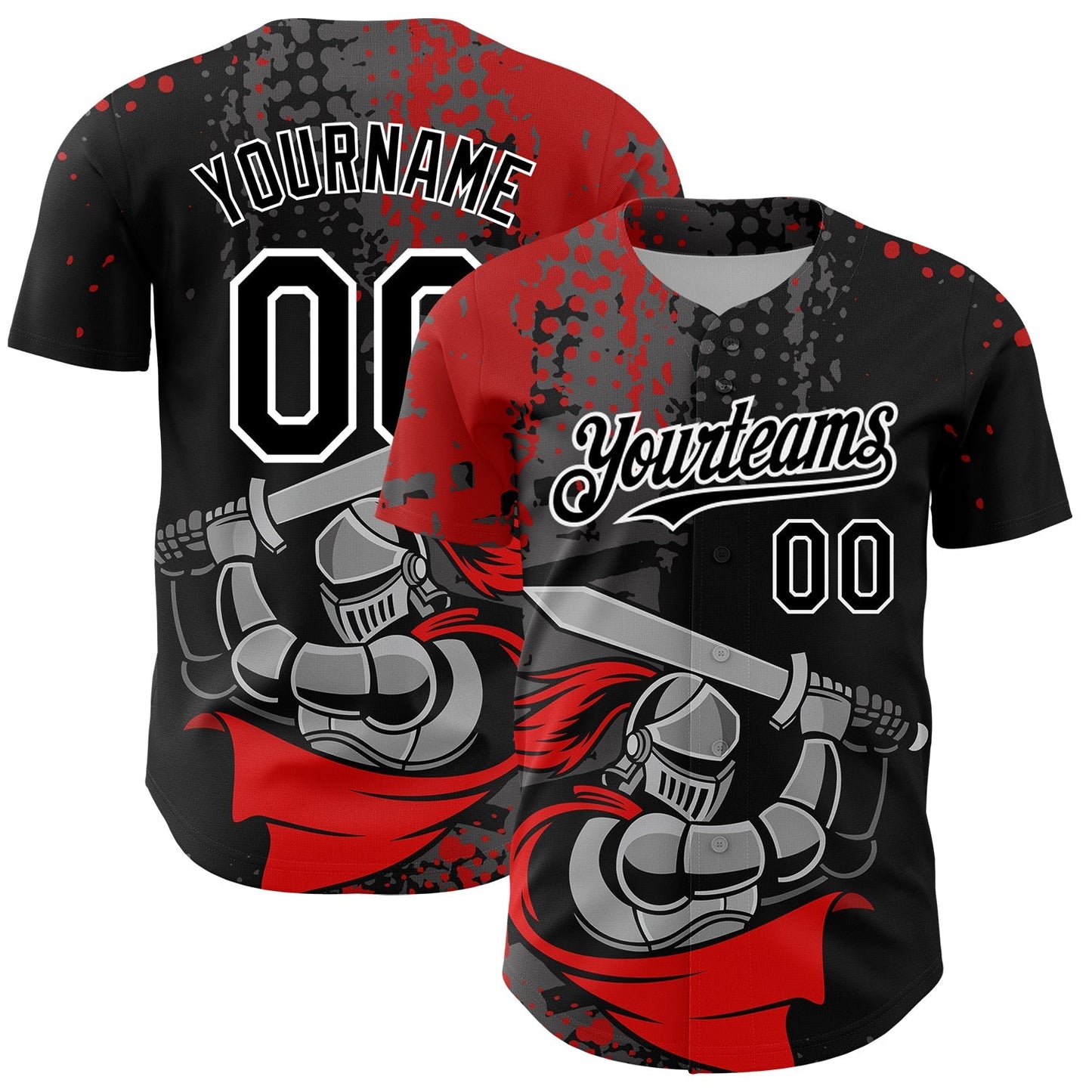 Custom Black Red-White 3D Pattern Design Knight Hero Art Authentic Baseball Jersey baseball jersey product view 1