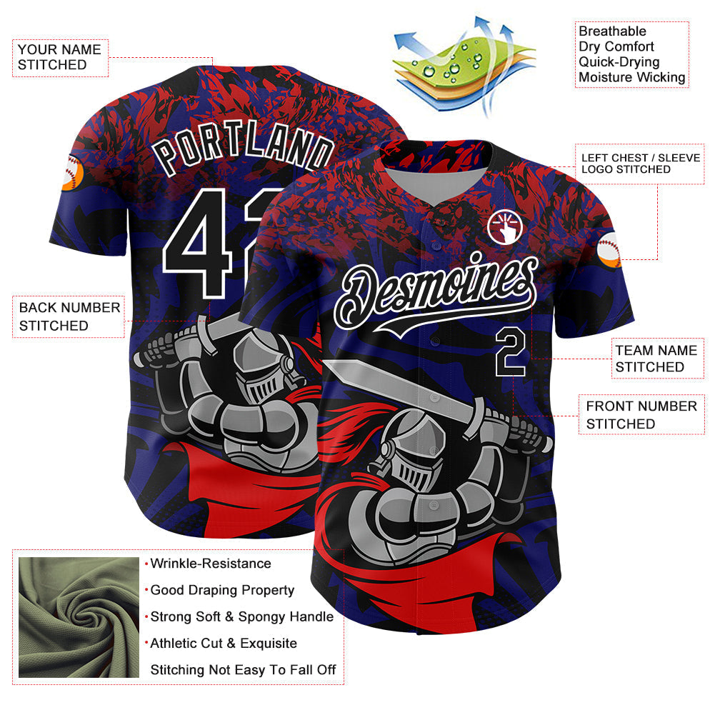 Custom Red Black-Thunder Blue 3D Pattern Design Knight Hero Art Authentic Baseball Jersey baseball jersey product view 3