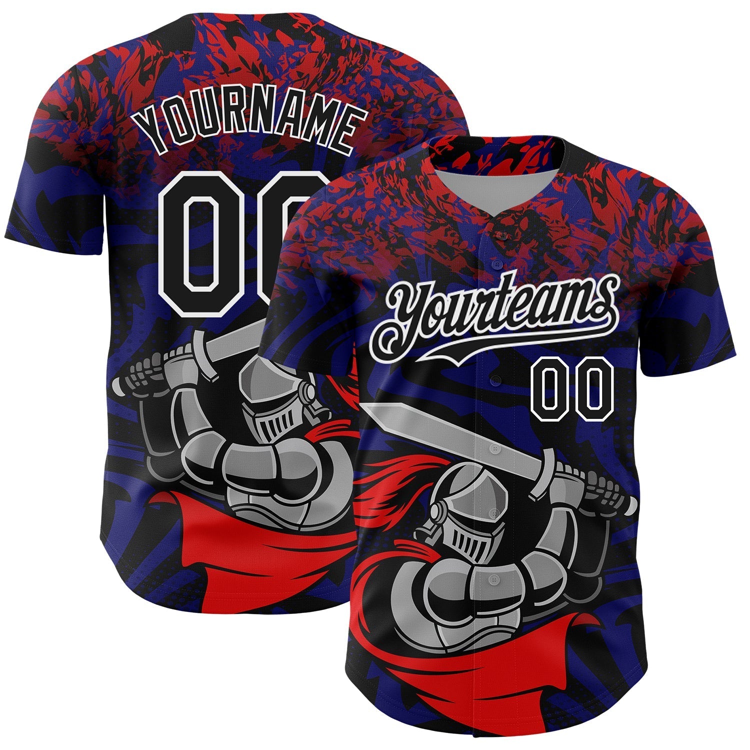 Custom Red Black-Thunder Blue 3D Pattern Design Knight Hero Art Authentic Baseball Jersey baseball jersey product view 1