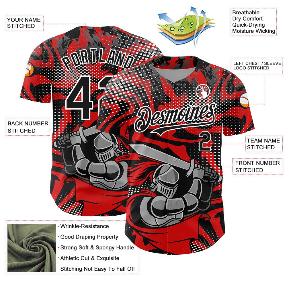 Custom Red Black-White 3D Pattern Design Knight Hero Art Authentic Baseball Jersey baseball jersey product view 3
