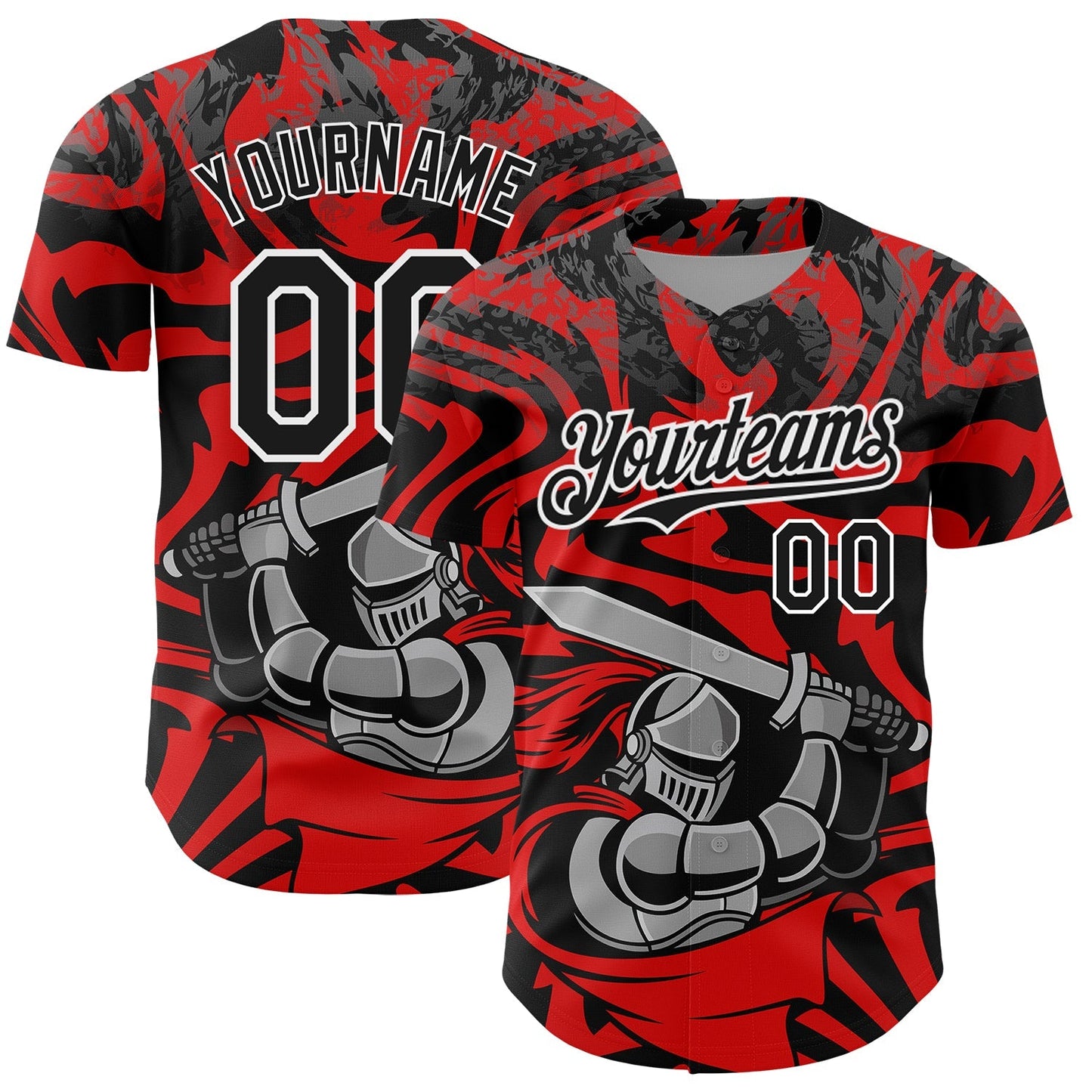 Custom Red Black-White 3D Pattern Design Knight Hero Art Authentic Baseball Jersey baseball jersey product view 1
