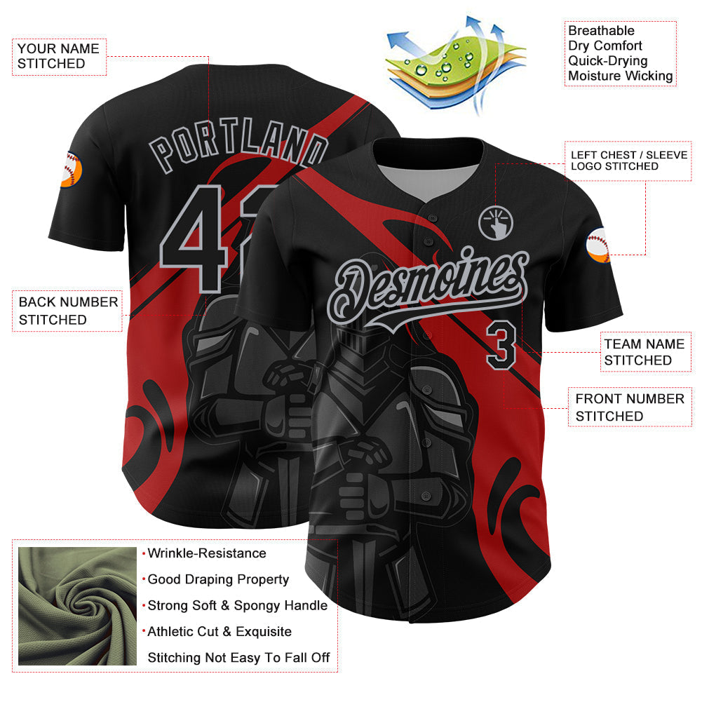 Custom Black Red-Gray 3D Pattern Design Knight Hero Art Authentic Baseball Jersey baseball jersey product view 3